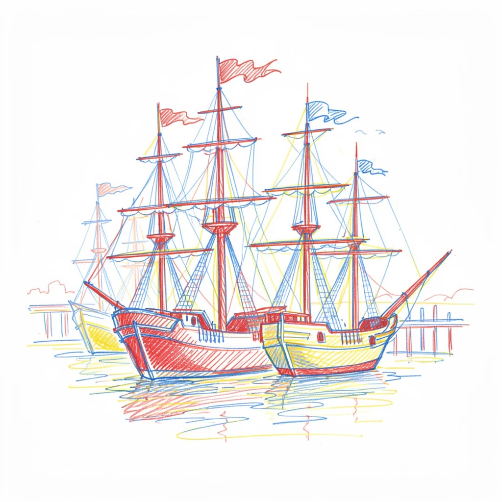 A bustling harbor filled with tall ships and fluttering flags