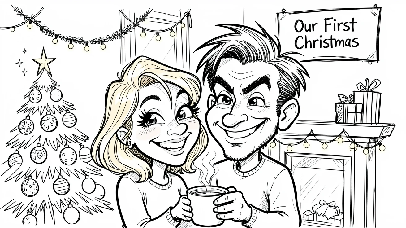 [Seasonal Holidays & Celebrations] Festive scene of a couple sharing a first Christmas together in a decorated apartment, full of celebration and joy