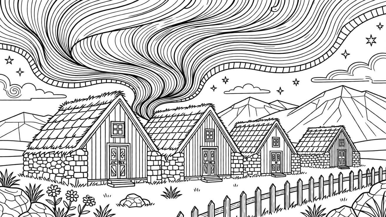 The Northern Lights dancing above a cluster of Icelandic turf houses.