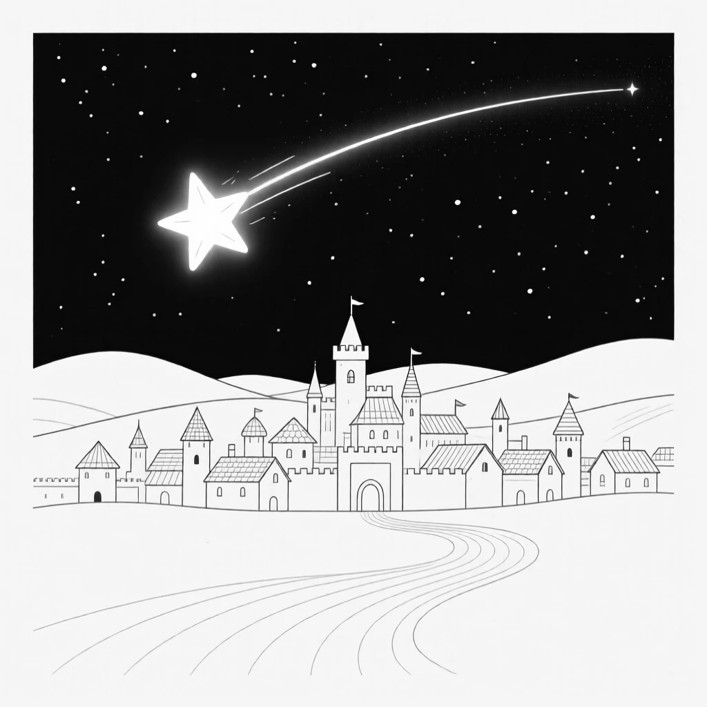 A shooting star granting a wish over a sleeping kingdom