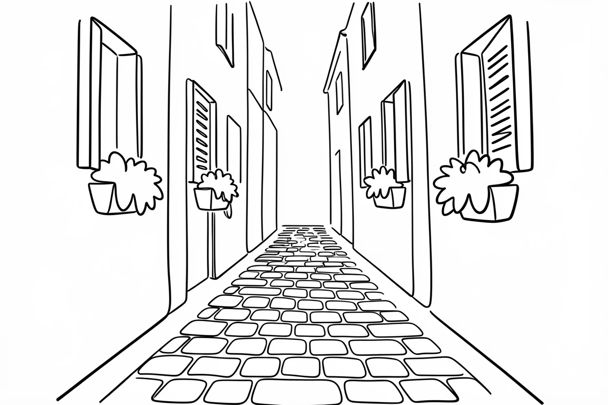 A narrow cobblestone alley lined with hanging flower boxes and shuttered windows