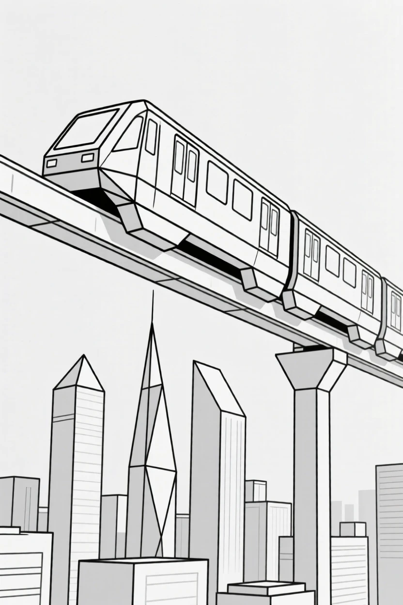 A monorail train gliding above a futuristic city