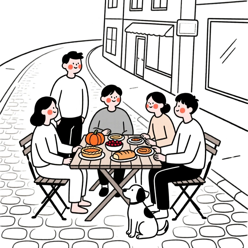 A group of friends gathering for Thanksgiving dinner, on a quiet cobblestone street.