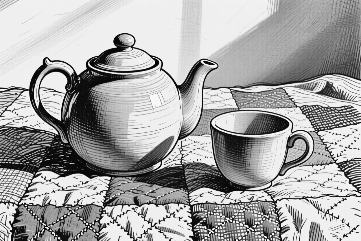 A ceramic teapot with a matching cup resting on an old quilt, with soft natural light falling across its surface, forming a gently sentimental still-life study.