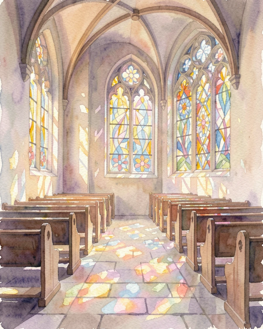 A quiet chapel with light streaming through stained glass evoking a deep sense of calm.
