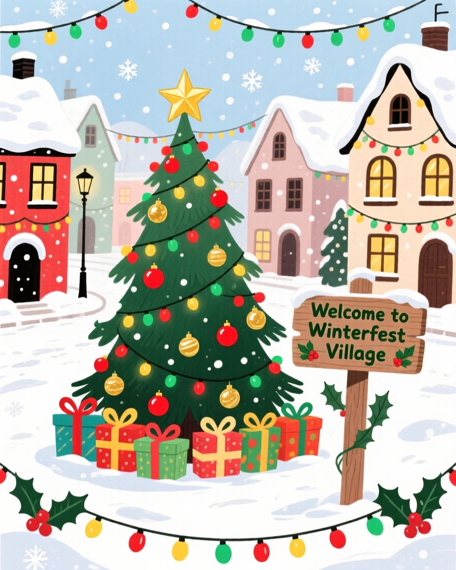 A festive scene of a snowy village square decorated with twinkling holiday lights.