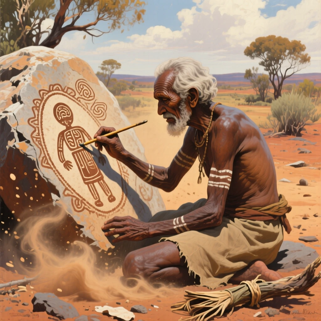 An Aboriginal Australian elder painting a Dreamtime story on rock, with dust and motion conveying the energy of the historical moment, offering a vivid window into a fascinating moment of human history