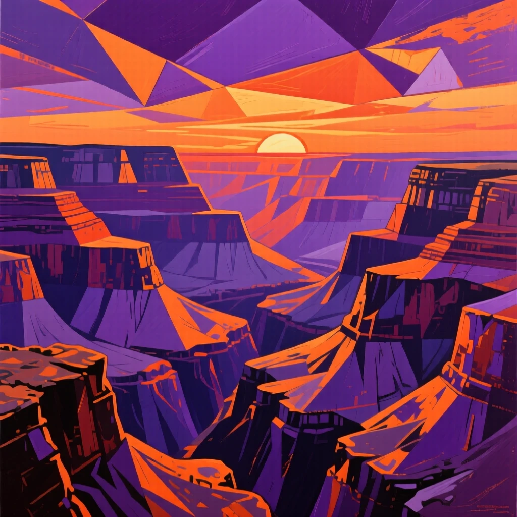 The Grand Canyon glowing orange and purple as the sun sets over its rim.