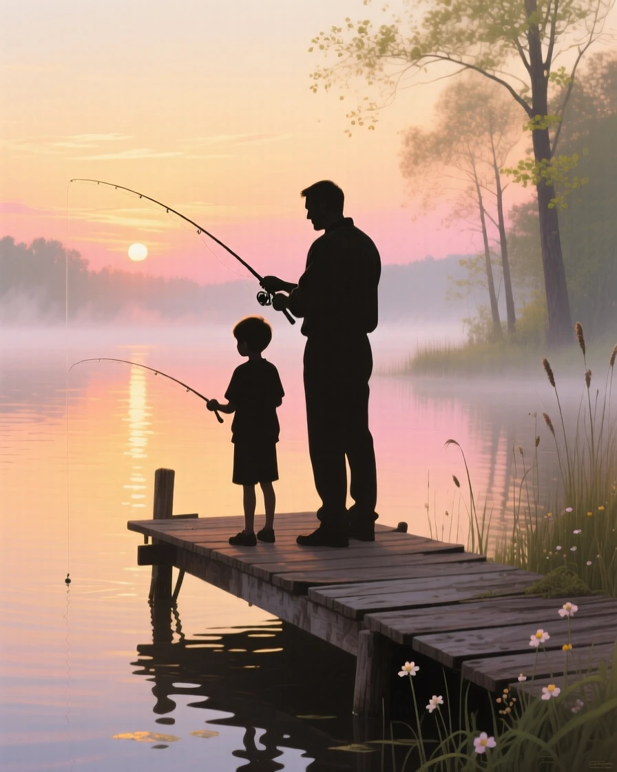 A tender moment shows a father teaching his young son to fish from a wooden dock at sunrise, both silhouetted against the glowing water, the surrounding environment framing them naturally without overwhelming the human focus of the scene.