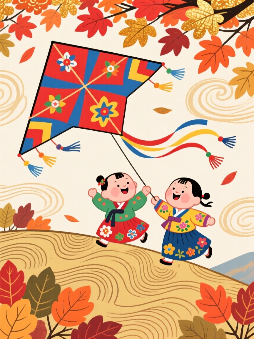 Children flying a kite on a hilltop, beneath a canopy of autumn leaves.