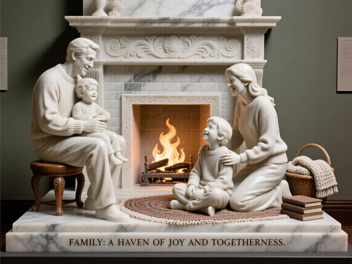 A joyful scene of a family gathered by a warm fireplace, capturing warmth, togetherness, and belonging