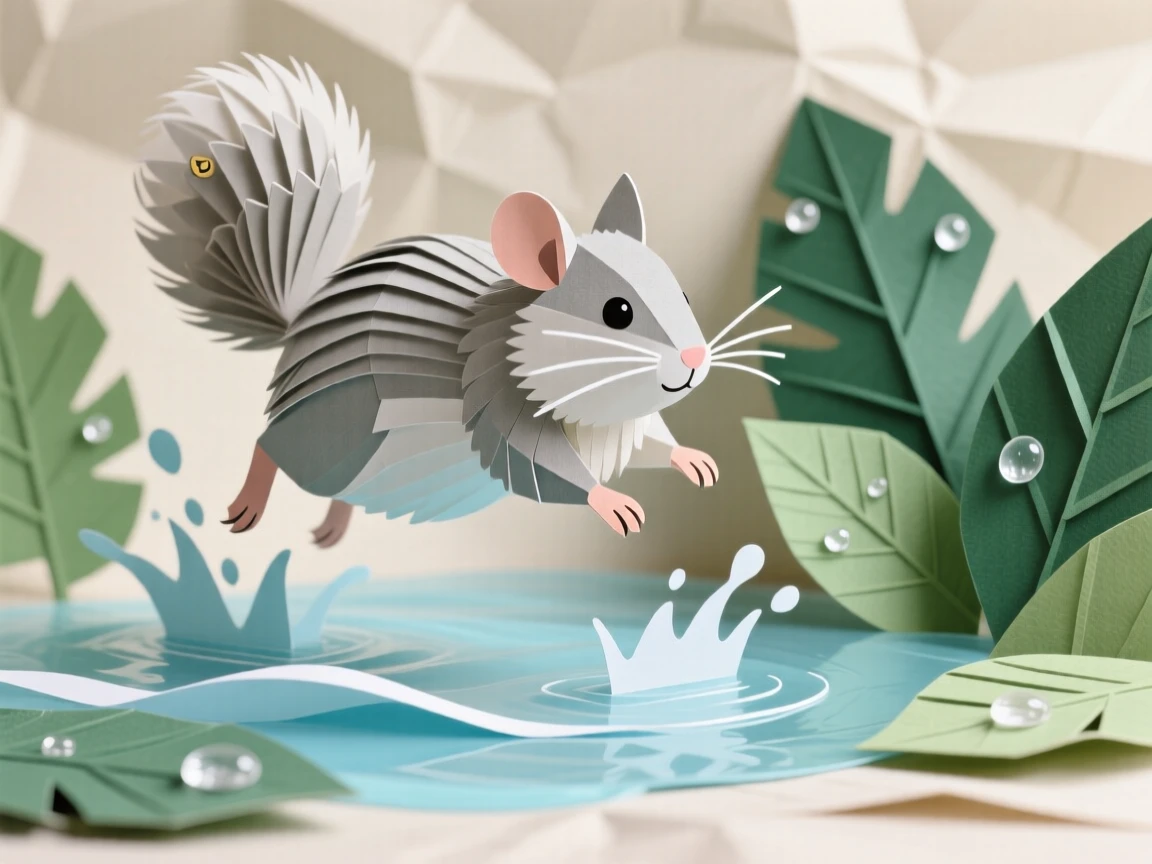 A fluffy chinchilla leaping through shallow water, with dew glistening on nearby leaves, capturing the wonder of the natural world.