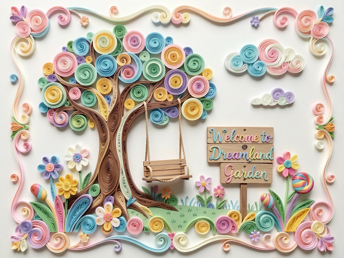 A whimsical children's scene of a garden swing hanging from a big friendly tree in a candy-colored dreamland, in a playful pastel color scheme, framed with a whimsical storybook illustration feel.