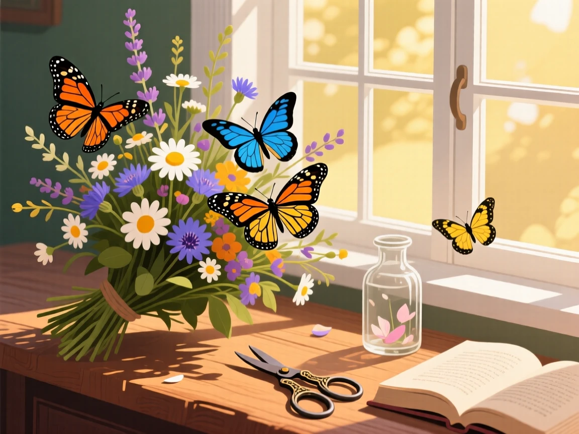 A collection of butterflies resting on a bouquet of wildflowers, placed beside a sunlit window, arranged with complementary objects nearby for context, with soft golden light highlighting fine craftsmanship.