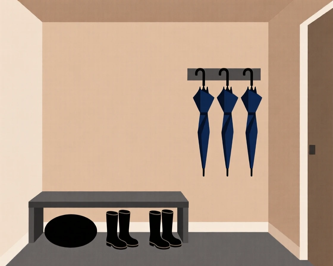 A mudroom with boots and umbrellas