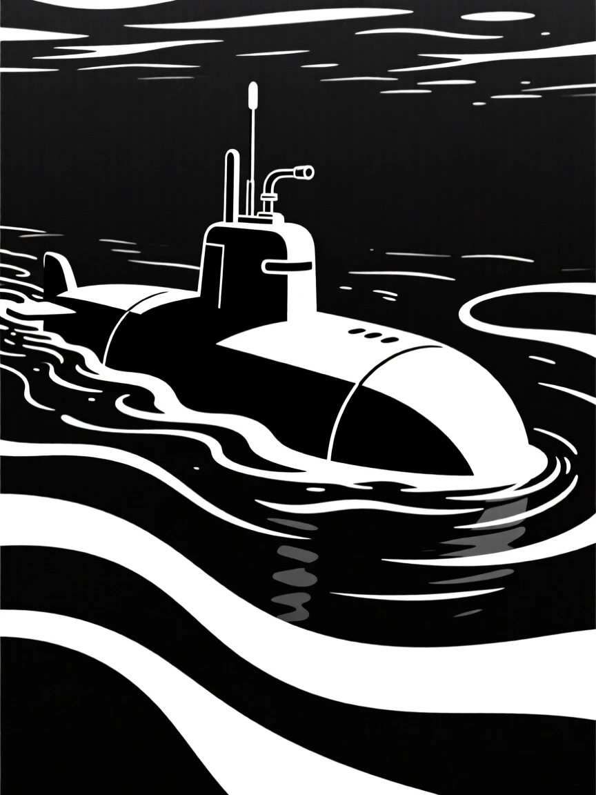 A submarine gliding through deep blue water.