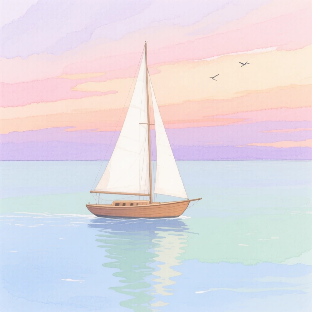 A single sailboat glides across a calm sea beneath a sky painted with soft pastel sunset colors