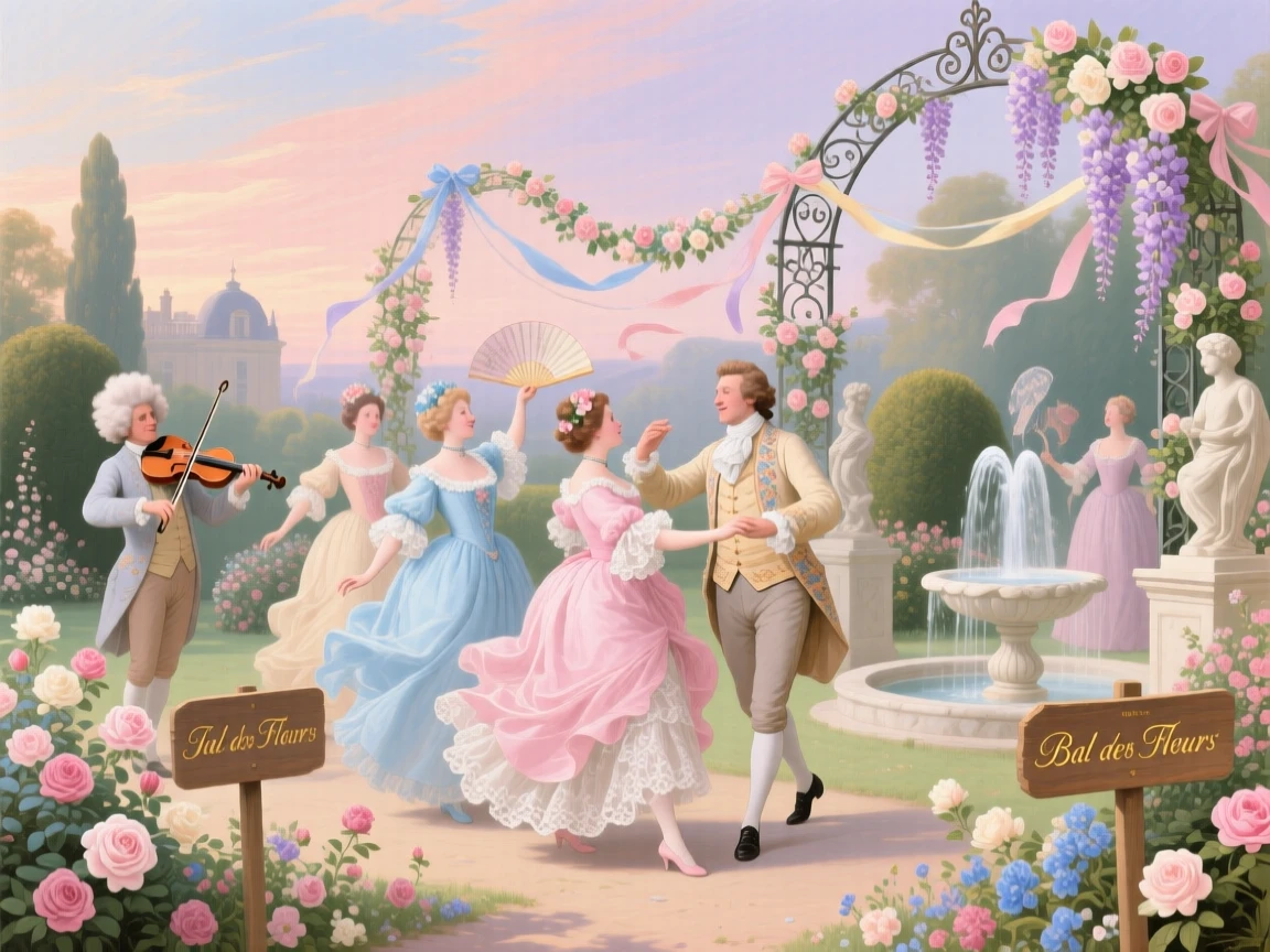 A lively garden dance with guests twirling beneath strings of flowers  