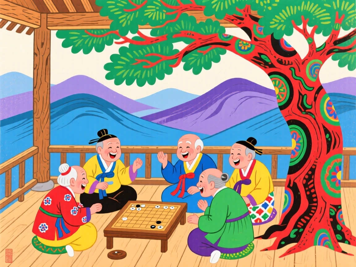 A group of elders playing a board game under a shade tree on a wooden veranda overlooking the mountains.