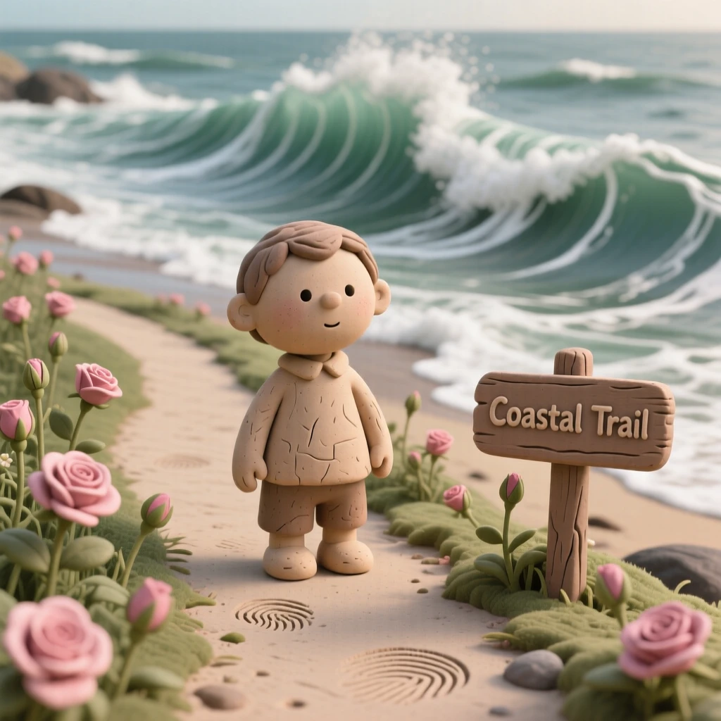A quiet coastal path lined with wild roses above crashing waves