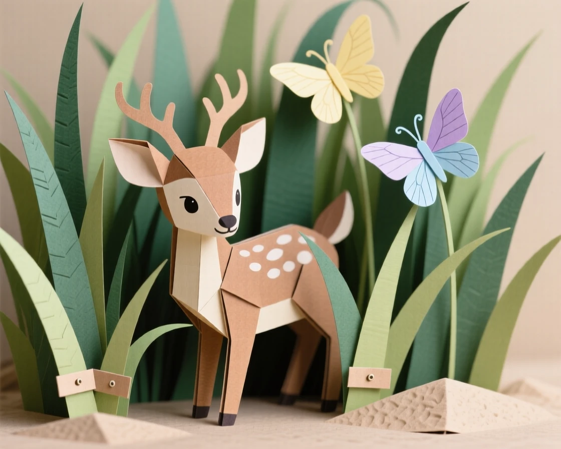 A shy baby deer peeking out from tall grass, with butterflies fluttering nearby, evoking innocent charm and gentle curiosity.