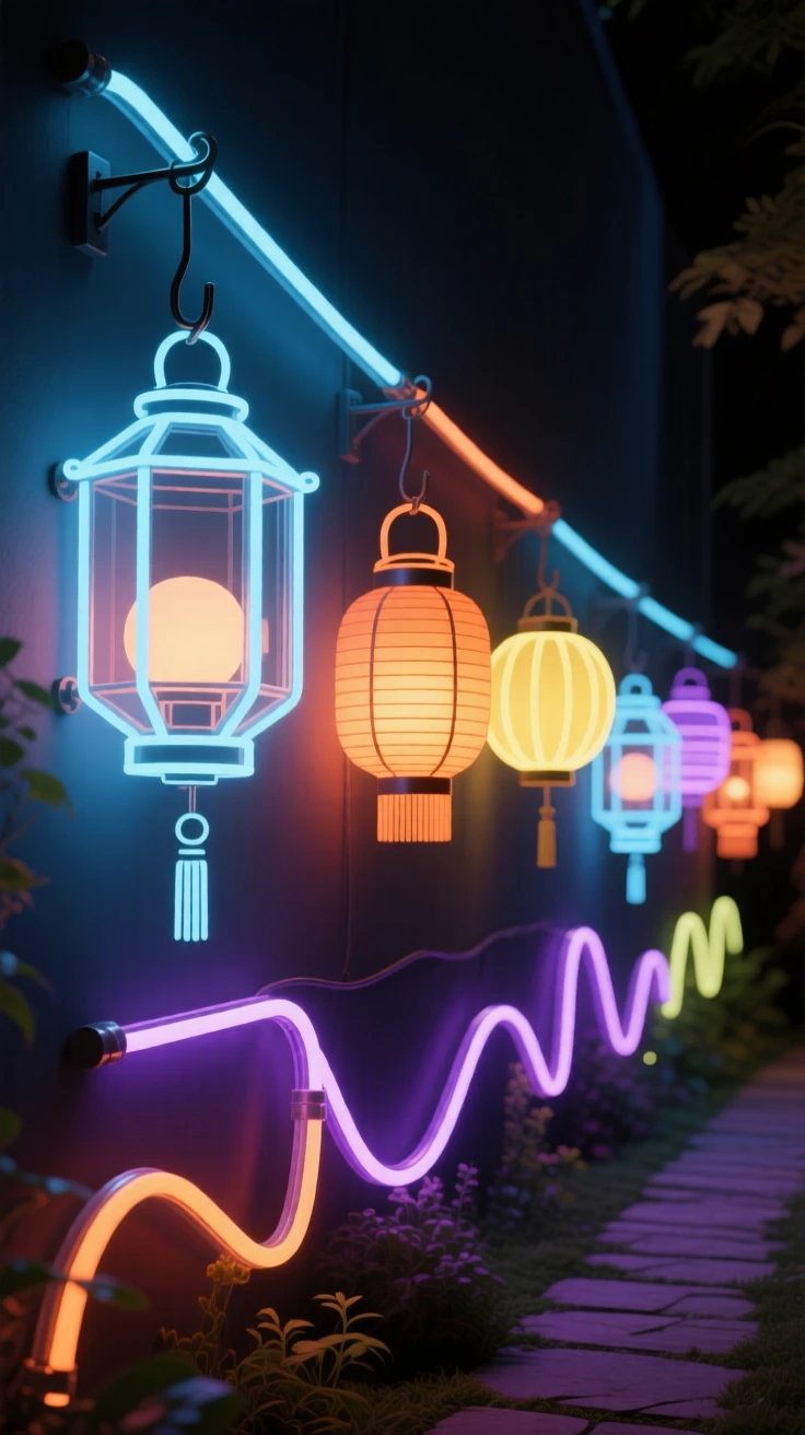 A row of lanterns of different styles hanging along a garden path.