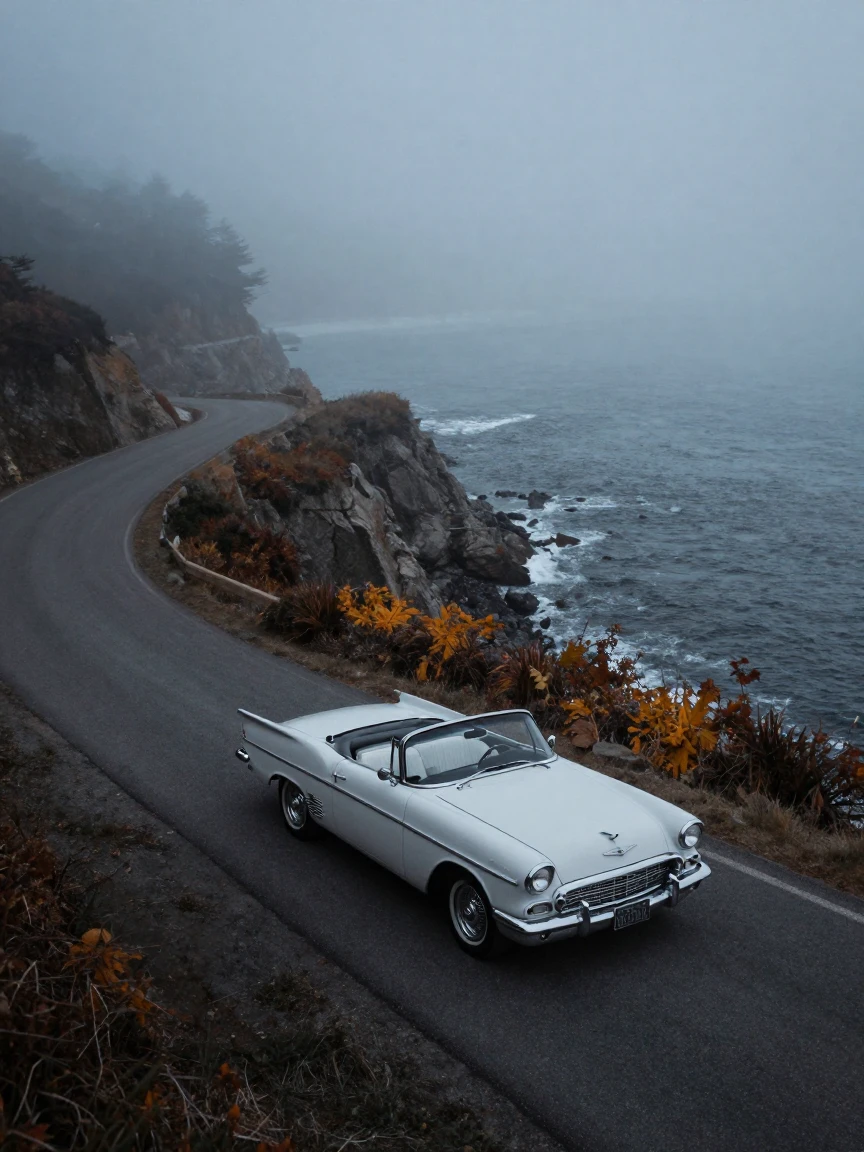 A classic convertible parked along a sunlit coastal road, in cool blue twilight, in thick rolling fog, in late autumn, with stark black-and-white contrast softened by a single warm hue, shot from directly overhead.