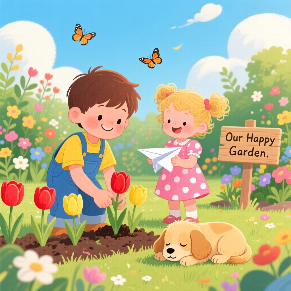 With his little sister close by, a boy with a paper airplane is planting flowers in the garden, while a puppy dozes nearby.