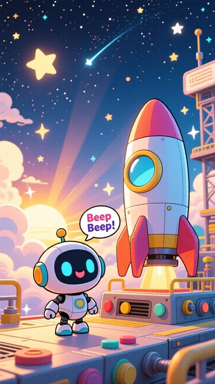 Wide establishing shot: a small round robot companion, beeping happily beside a rocket ship, set against a launch pad under a starry sky under a starry midsummer night sky, with rays of sunrise breaking through clouds and a mood of curious excitement.