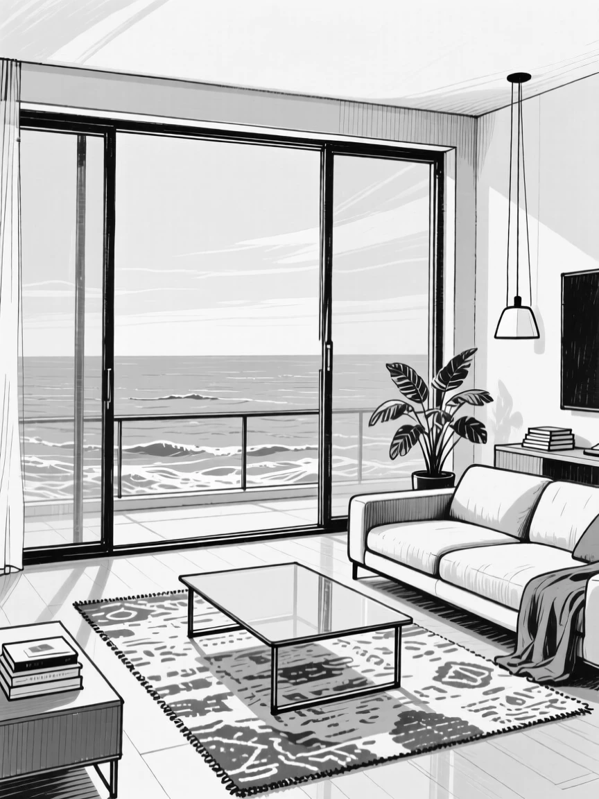 A modern penthouse living room with floor-to-ceiling windows overlooking the ocean.