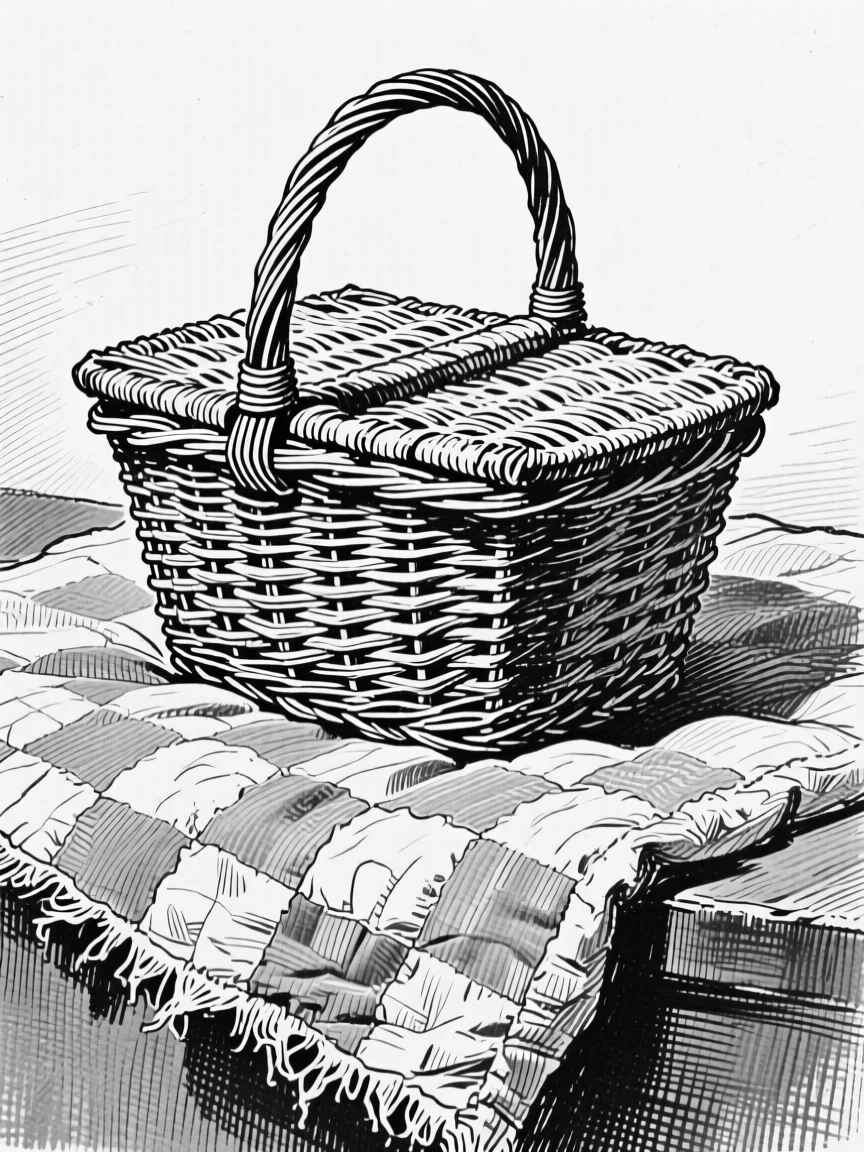 A wicker picnic basket resting on an old quilt, with a faint reflection visible on its surface, forming a refined and understated still-life study.