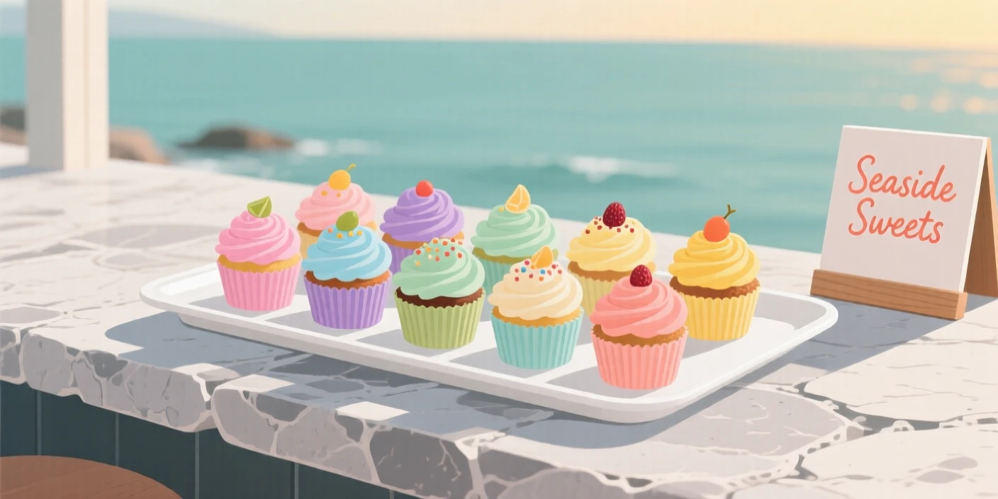 A tray of colorful cupcakes beautifully displayed on a stone counter at a seaside restaurant.