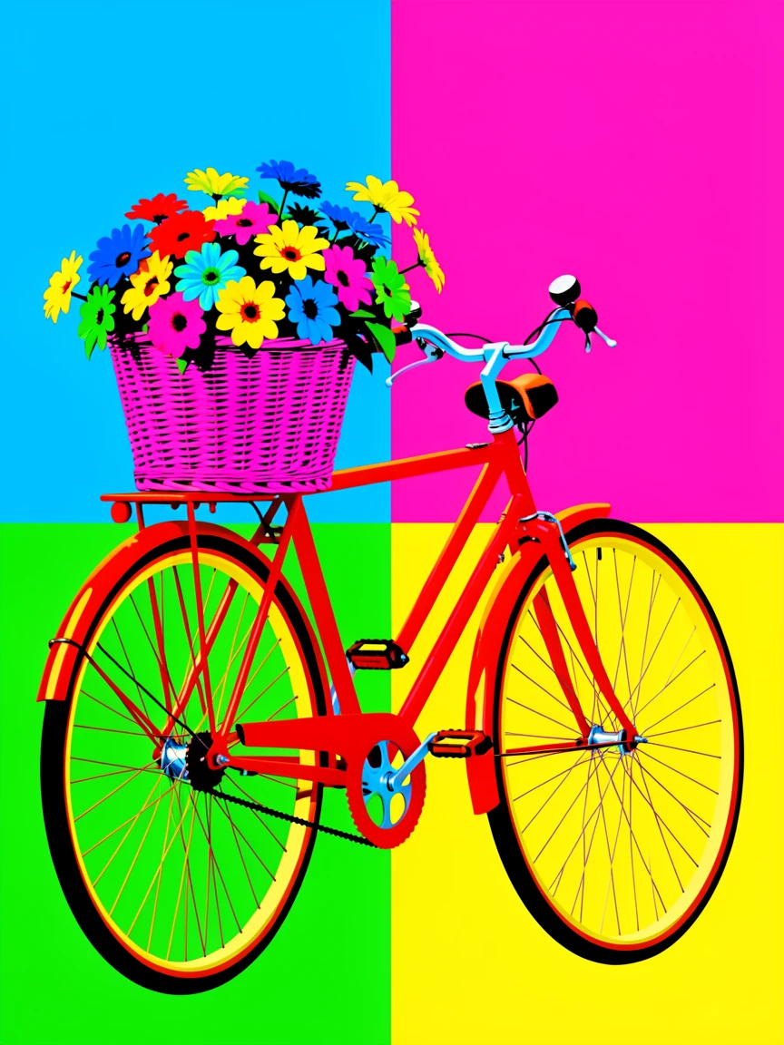 Vintage bicycle with a woven basket full of flowers