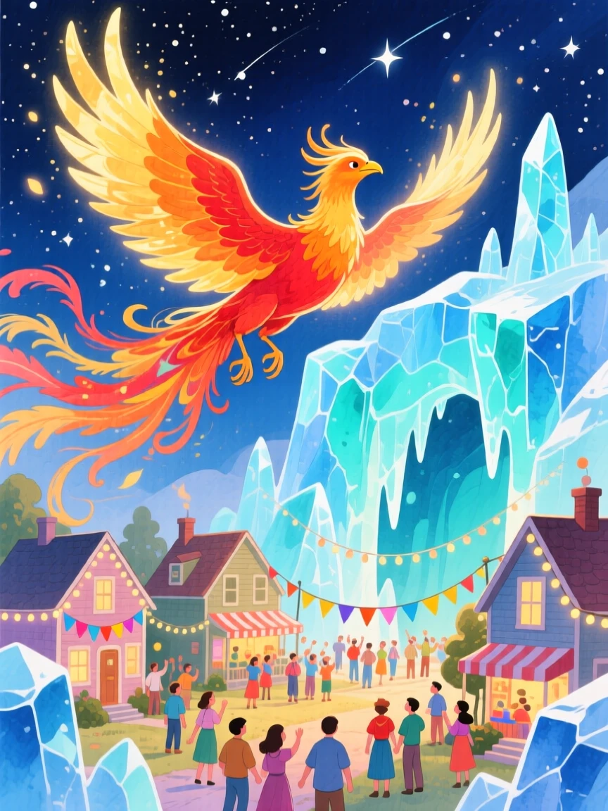 A glowing phoenix soaring above a village during a starlit festival, in a sparkling ice cave, radiating gentle magic and wonder.