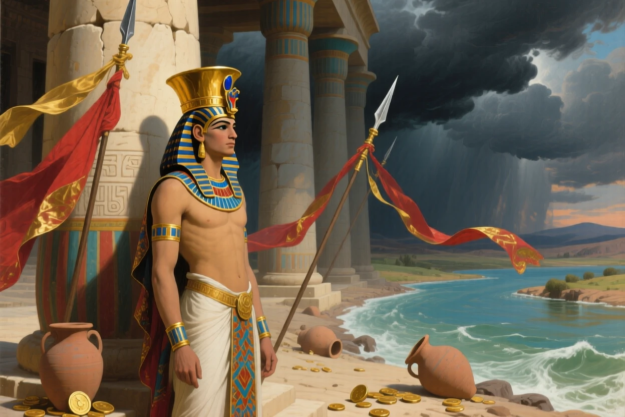 The Egyptian pharaoh being crowned beneath towering stone pillars as thunder rolls across a darkening sky, set beside the rushing waters of a mythic river, amid overturned urns, scattered coins, and trailing silken banners; diagonal lines of spears and banners lead the eye to the central figure, capturing the timeless clash of glory and mortality.