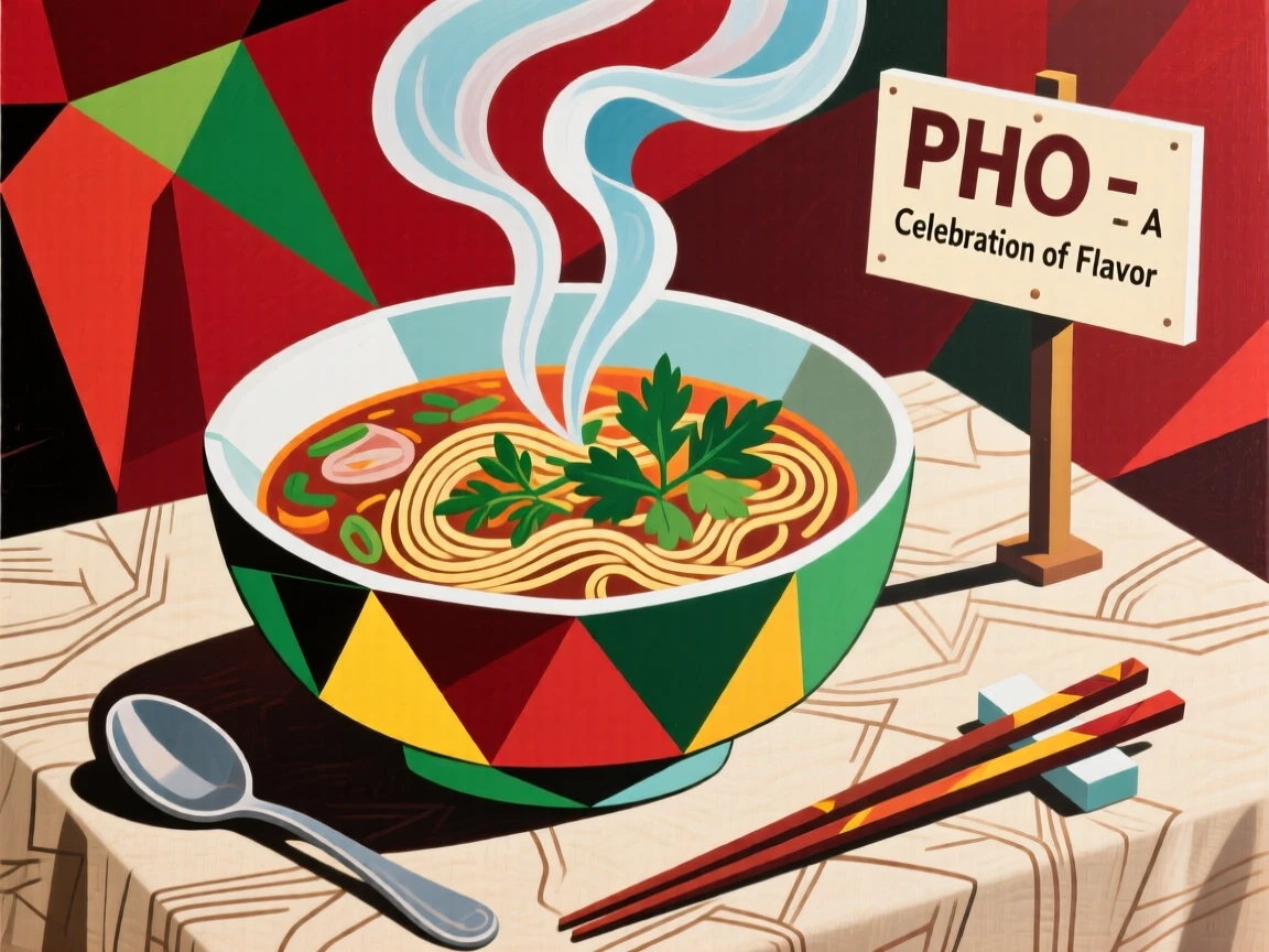 A mouthwatering image of a bowl of steaming pho with fresh herbs set on a linen tablecloth for a festive gathering.