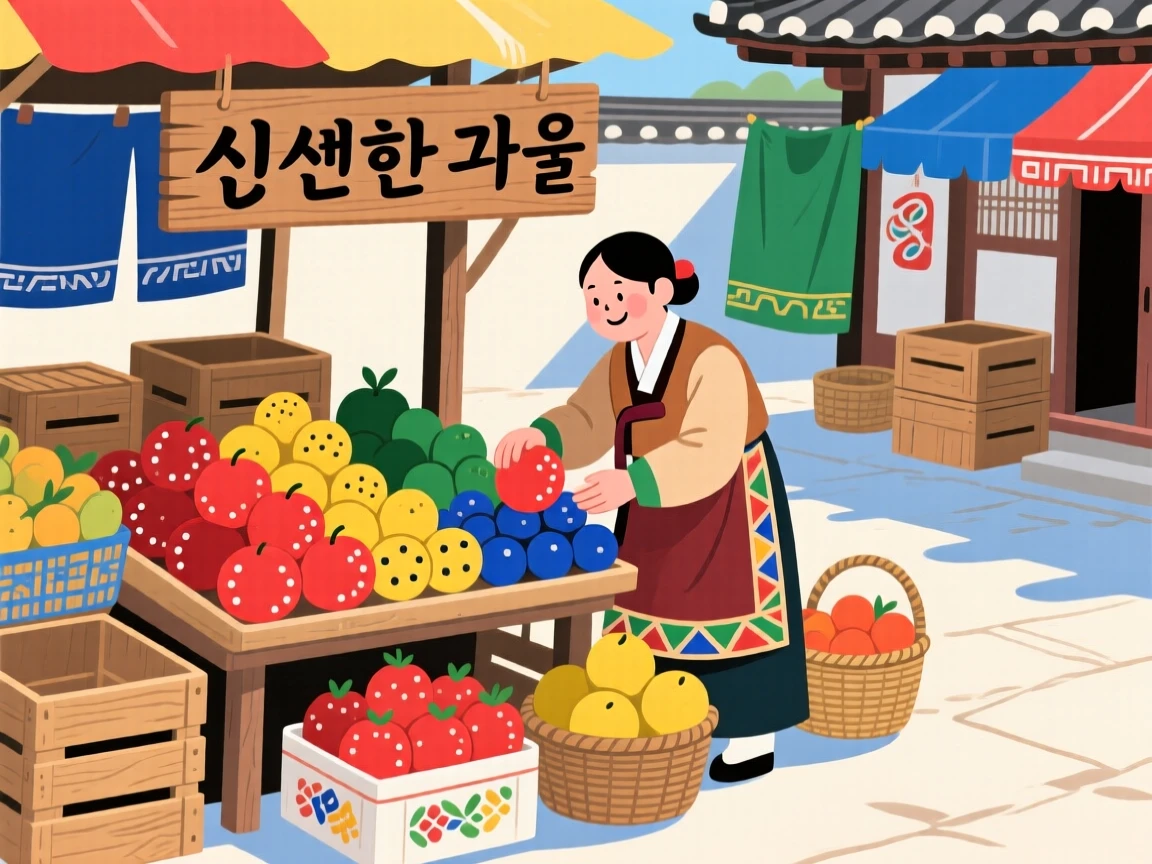 A market vendor arranging fresh fruit at a stall in a sunlit courtyard.