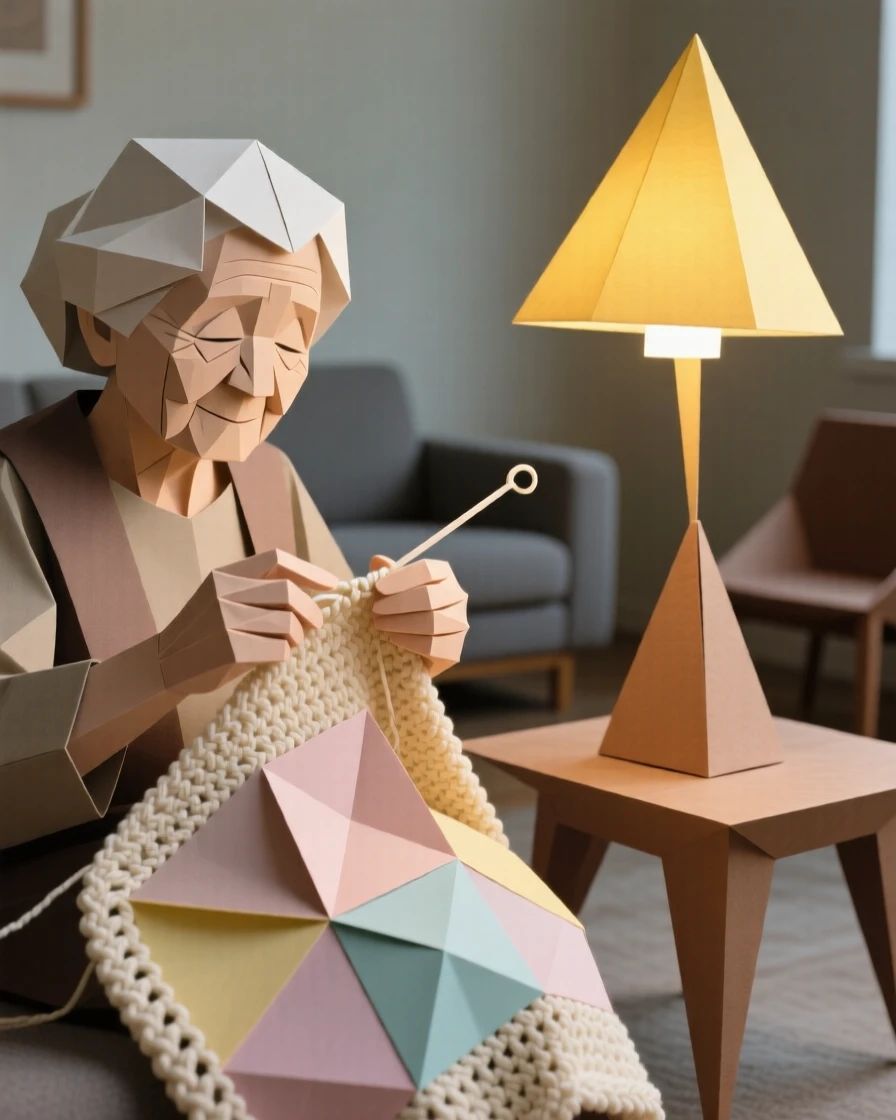 A grandmother's hands crocheting a blanket by lamplight in a quiet living room.