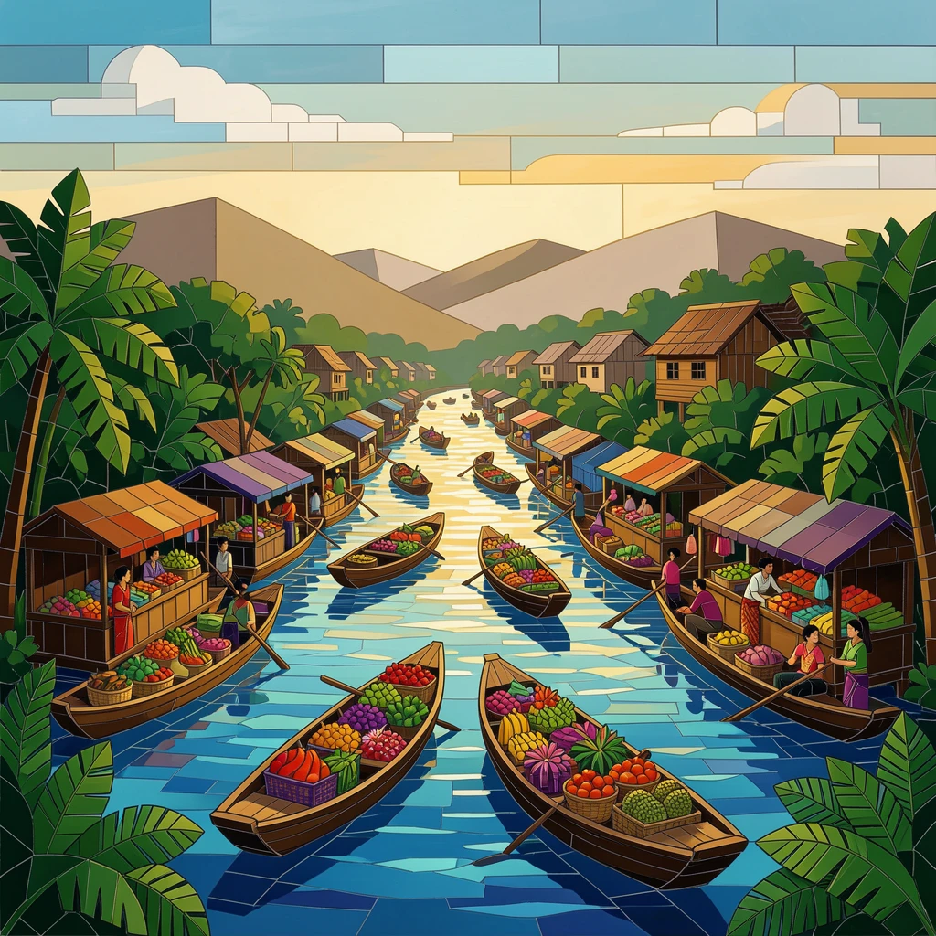 The floating markets of a lush southeast asian river town, viewed from a dramatic elevated vantage point.