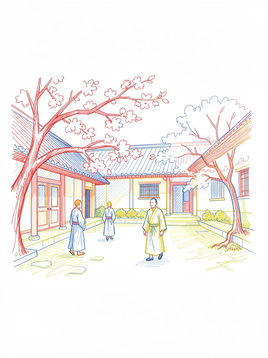 A quiet monastery courtyard with monks walking beneath cherry blossoms