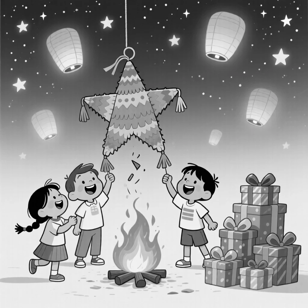 Children breaking open a colorful piñata, watching the lanterns drift upward like glowing stars, set around a roaring bonfire under starry skies. A stack of gifts wrapped in bright paper waits nearby. It radiates the timeless magic of coming together to celebrate.