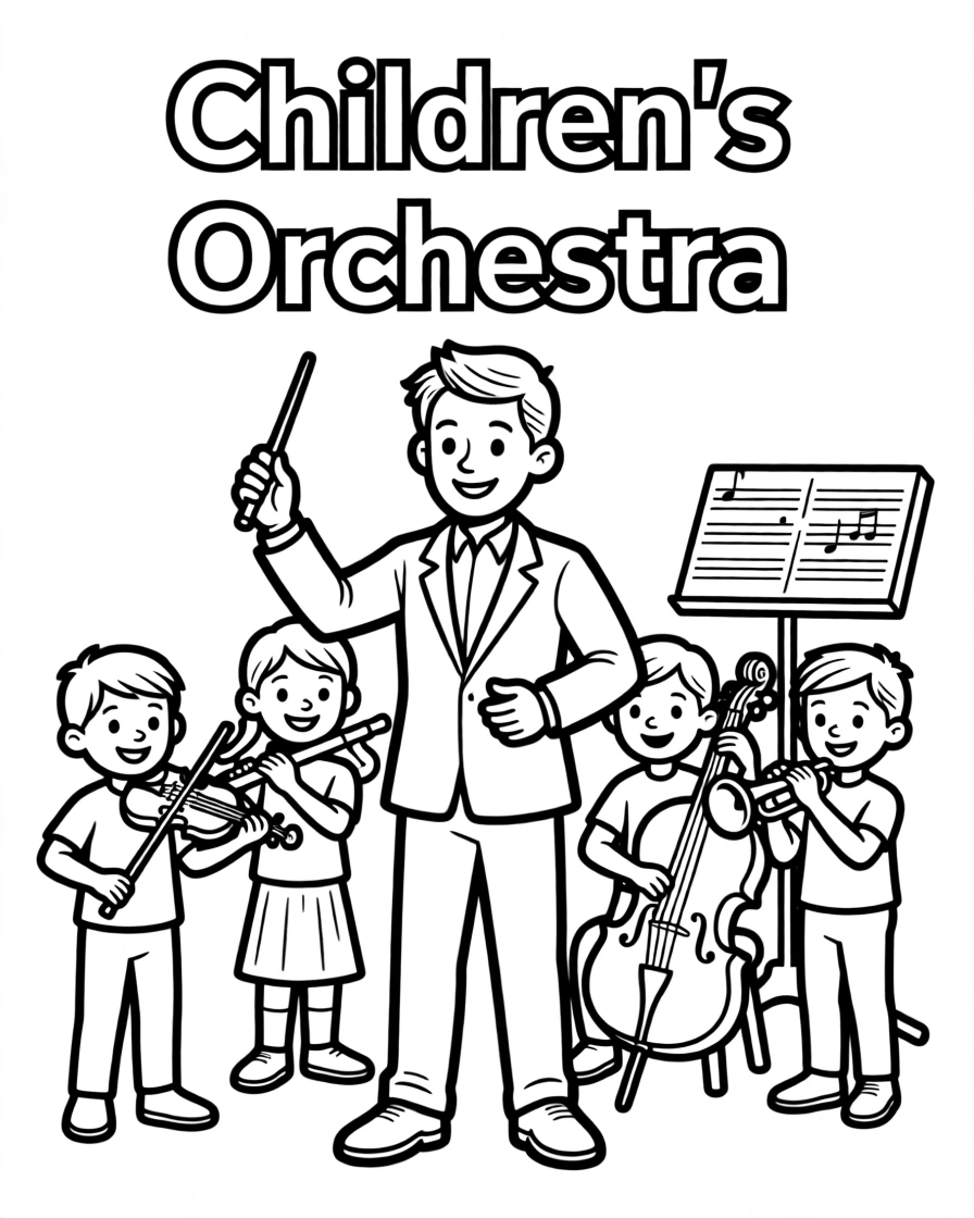 A conductor leading a children's orchestra with a baton