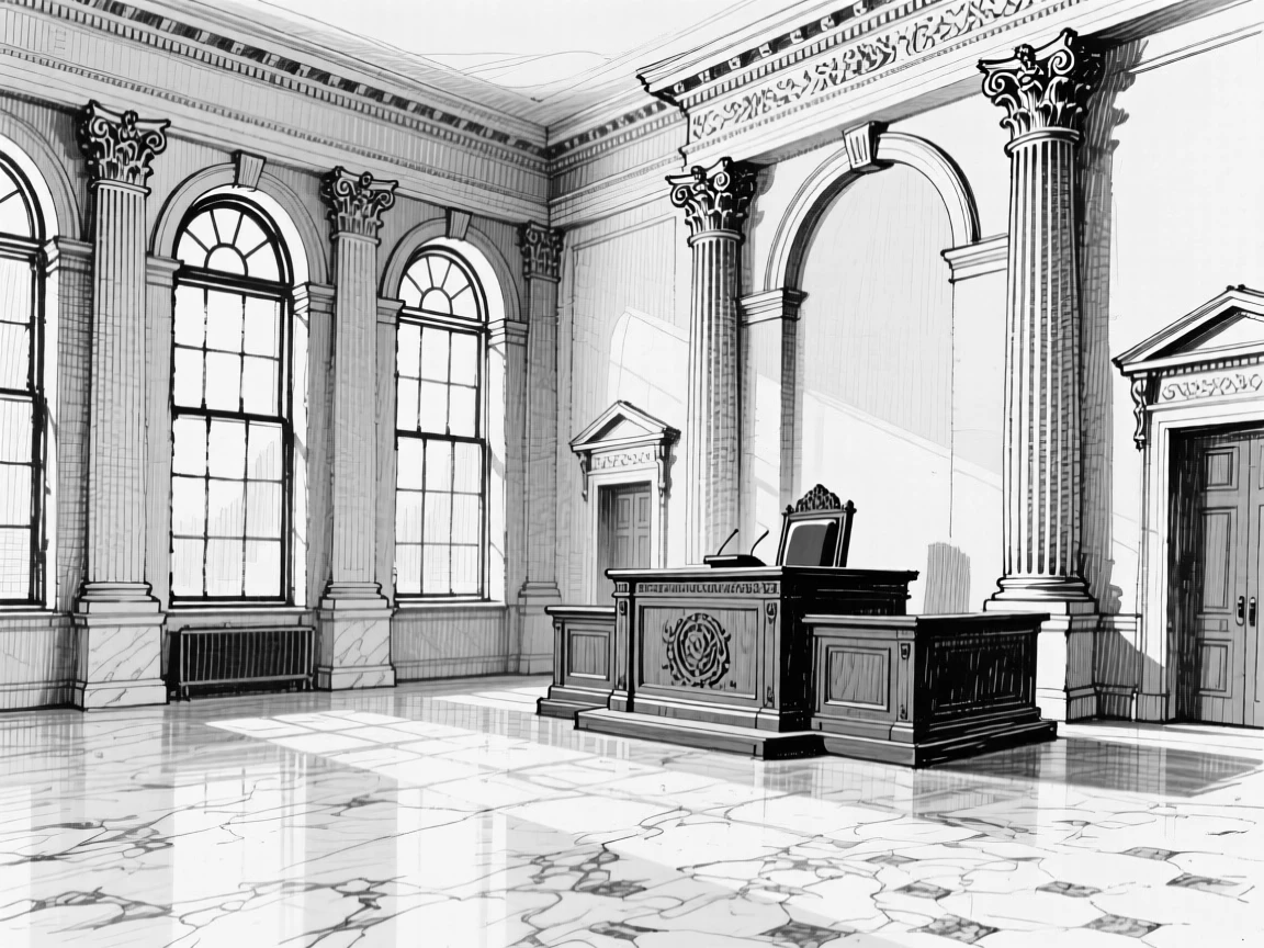 A grand historic courthouse hall with marble floors and tall arched windows.