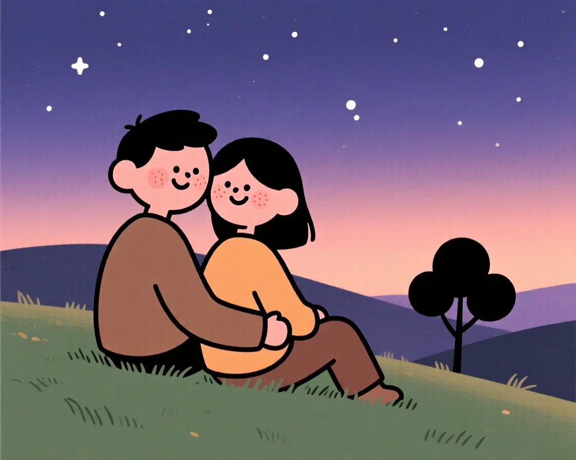 A couple shares a quiet moment on a hillside overlook at dusk, exchanging a warm smile as stars start to appear overhead surrounds them.