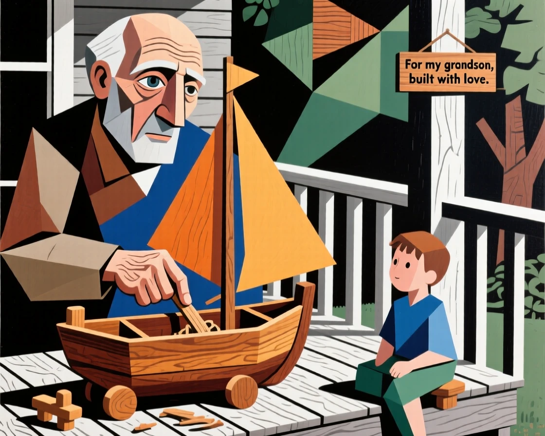 A grandfather carving a wooden toy boat for his grandson on a porch.