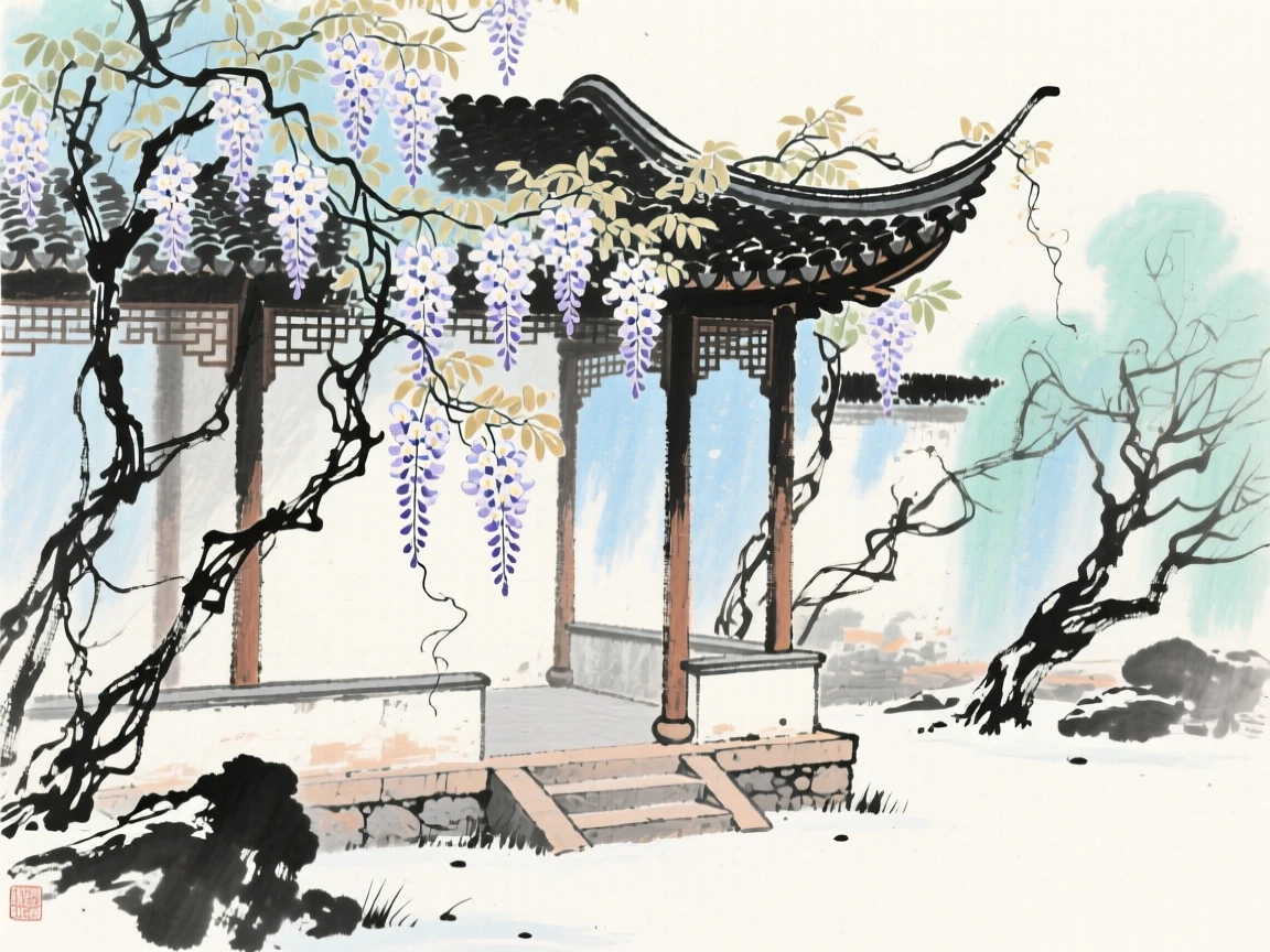 An abandoned garden pavilion reclaimed gently by wisteria vines, in the mild days of early winter, conveying a deep sense of harmony with nature.
