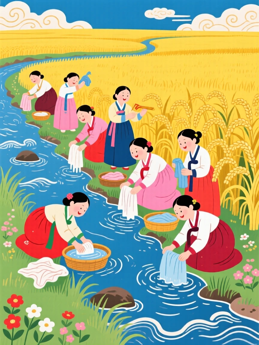 A group of women washing clothes at a stream, in a golden rice field.