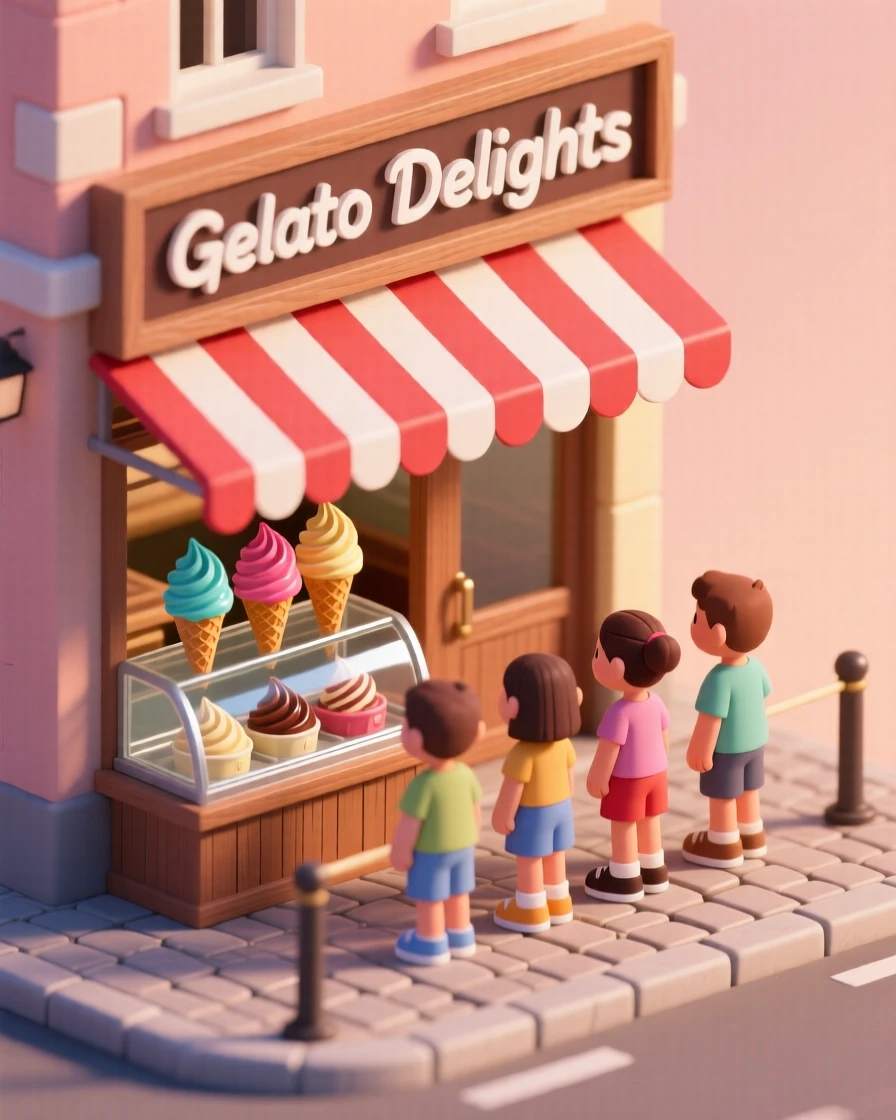A charming gelato shop with swirled flavors piled high behind glass, a striped awning, and a line forming on a warm summer evening.