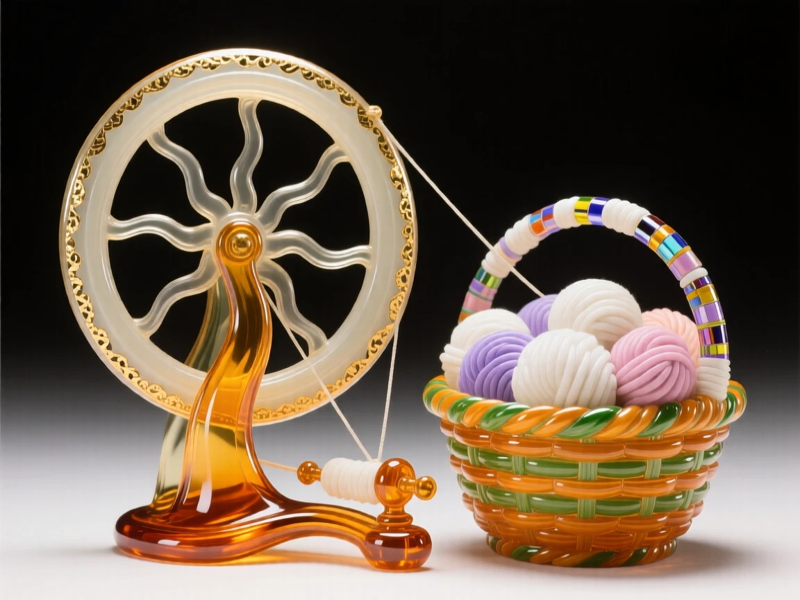 An antique spinning wheel beside a basket of wool, homely and historic.