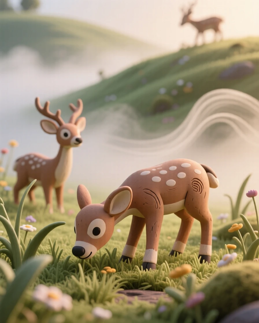 A meadow scattered with morning mist and grazing wild deer